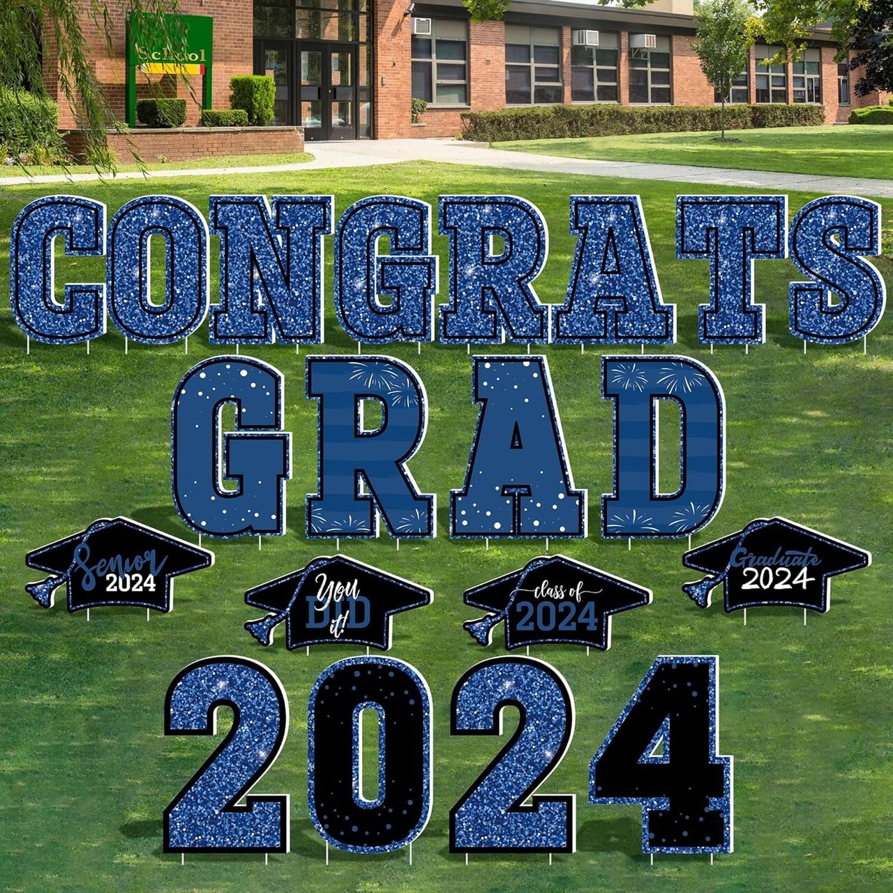Graduation Yard Signs, 20 PCS Black Gold Congrats Grad Lawn Stakes, Class of 2024 Yard Signs with Stakes, Graduation Party Decorations Outdoor, Waterproof GRAD Yard Decor for College High School